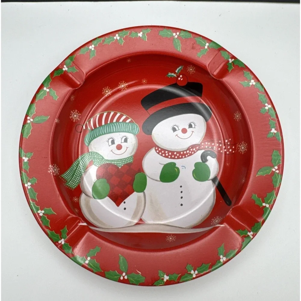 Vintage 1970s‎ SSCO Mr and Mrs Snowman Metal Ashtray Christmas